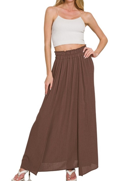 Zenana Outfitters Dresses & Skirts - Zenana Woven Crinkle Gauze High Slit Maxi Skirt, Brown